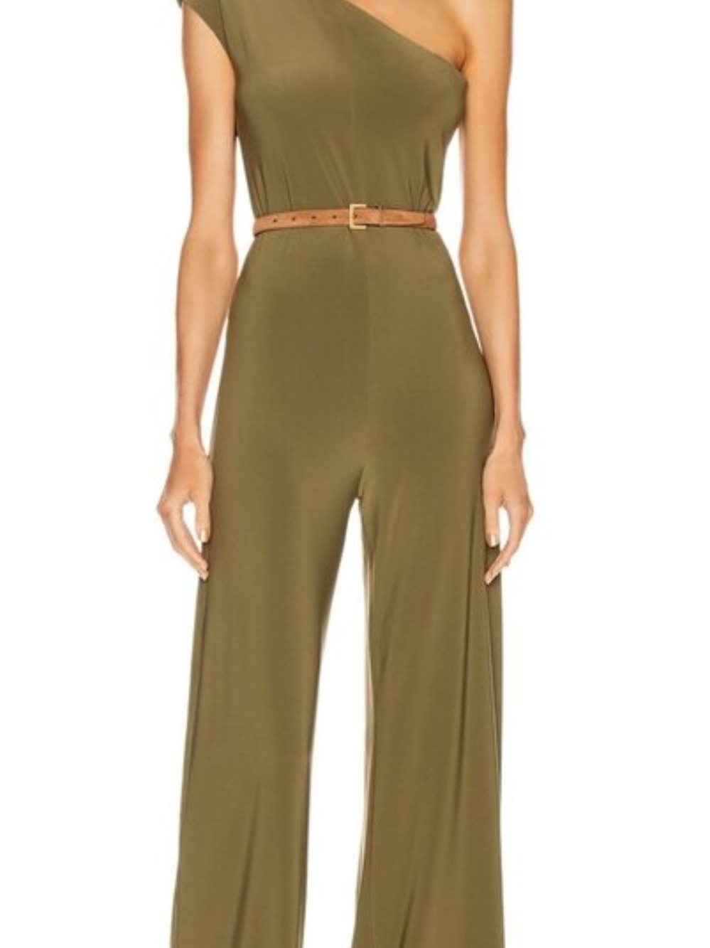 Norma Kamali Olive One-Shoulder Wide-Leg Jumpsuit with Tan Belt Size L